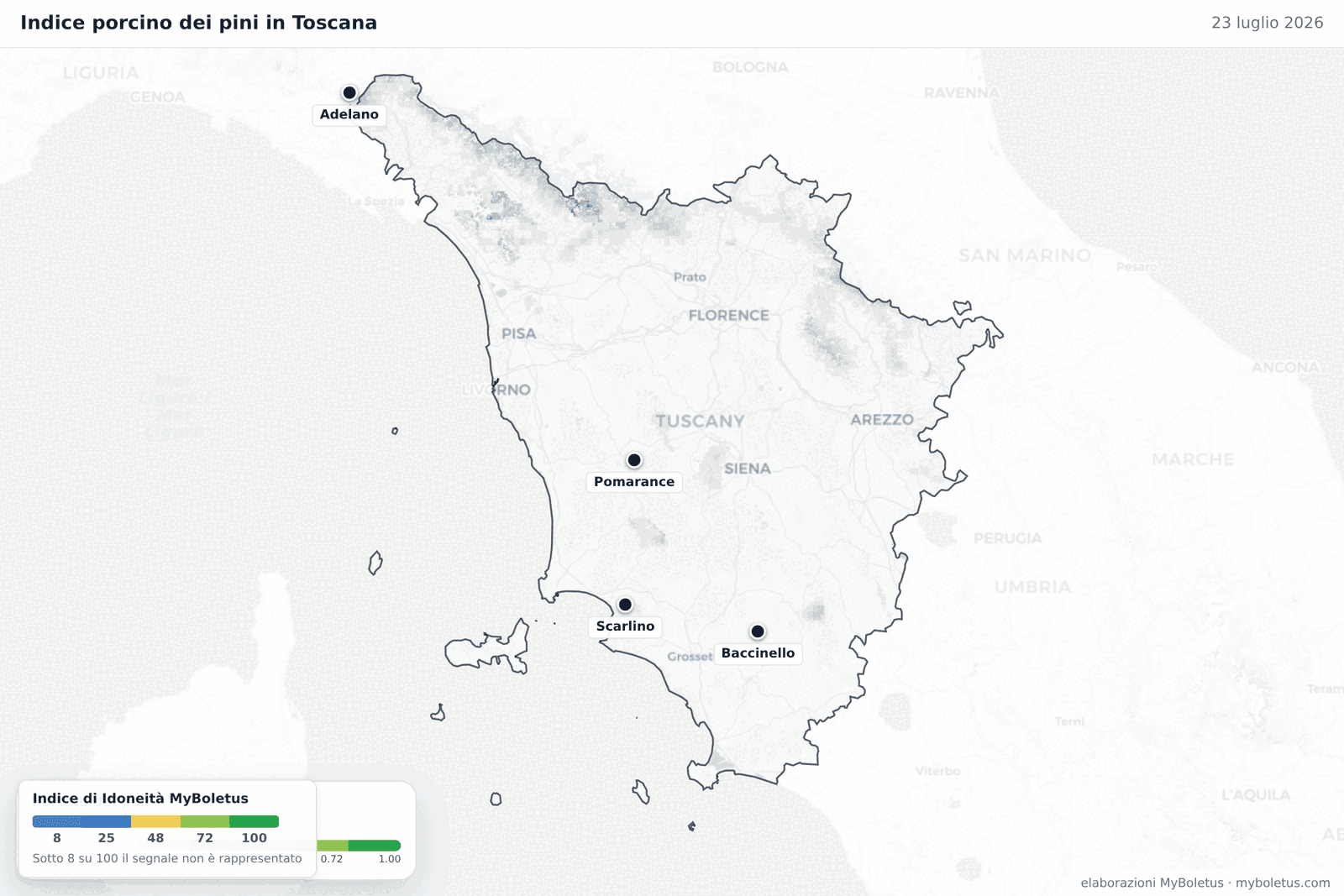 Indice porcino dei pini in Toscana — 23 luglio 2026
