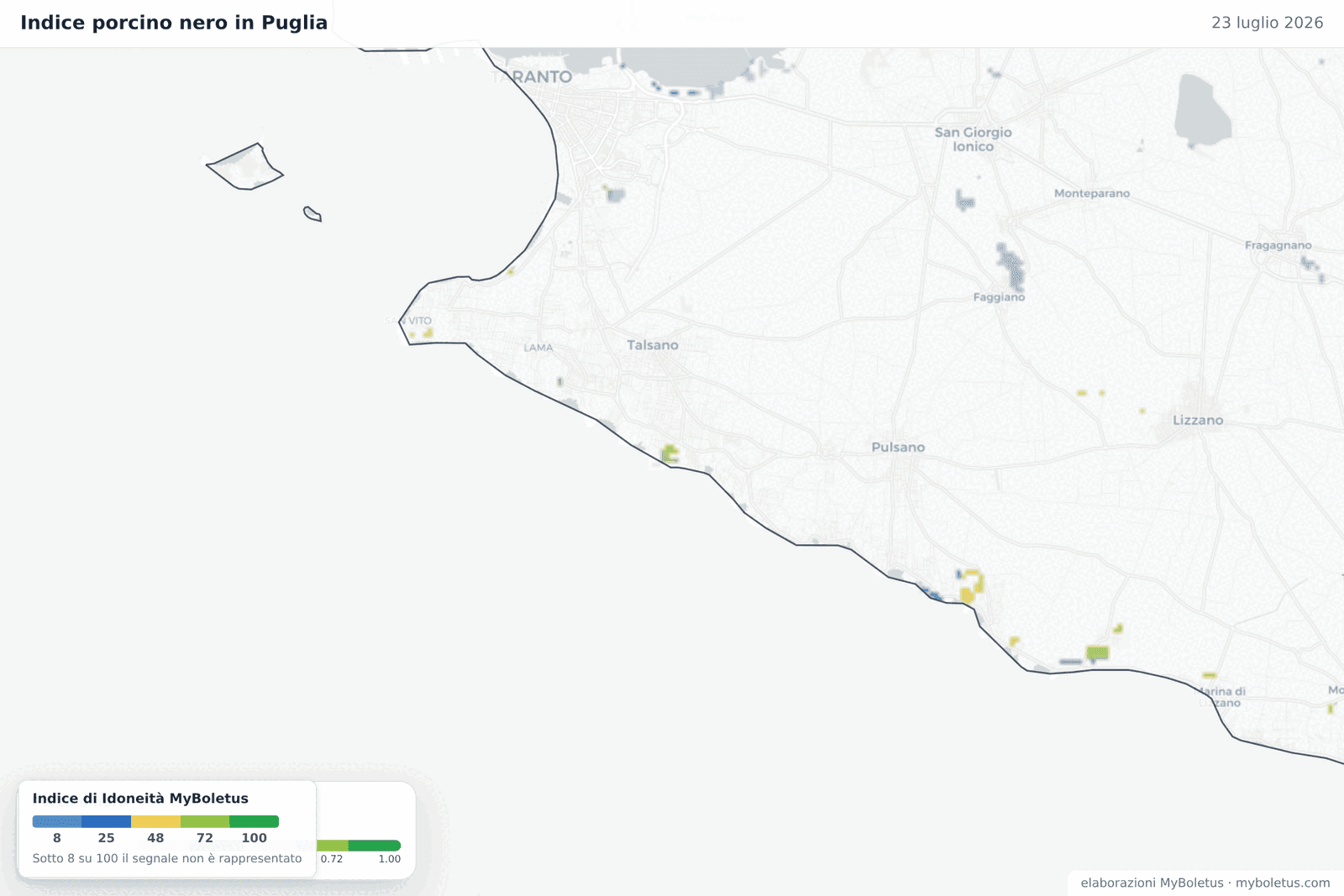 Indice porcino nero in Puglia — 23 luglio 2026